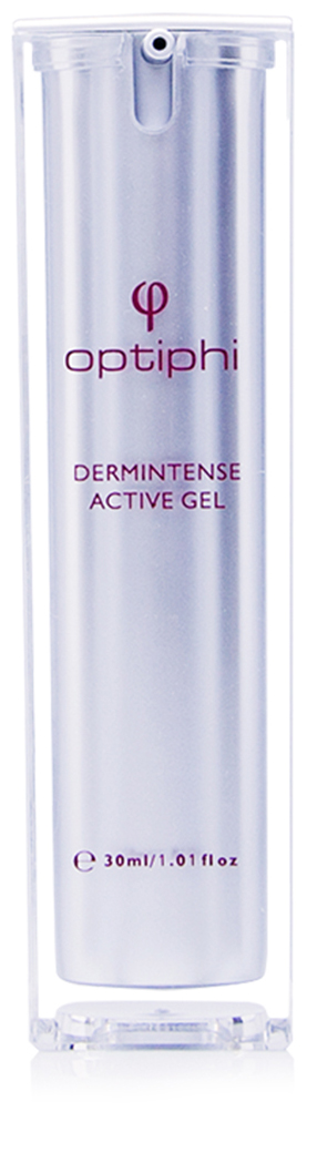 Produktfoto: Pumpflasche mit roter Aufschrift Dermintense Active Gel. Kollagen und Elastin Verstärkung