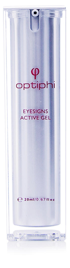 Eyesigns Active Gel: Produktfoto: Pumpflasche mit roter Aufschrift Eyesigns Active Gel intensives Augengel bei Schwellungen und dunklen Ringen