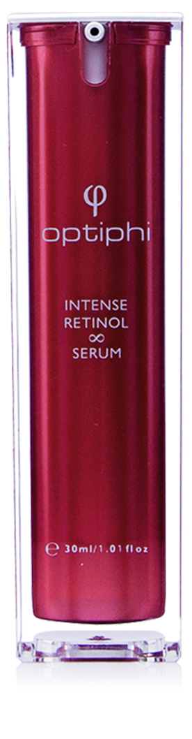 Produktfoto: Rote Pumpflasche mit weißer Aufschrift Intense Retinol Serum für eine konzentrierte Zellverjüngung