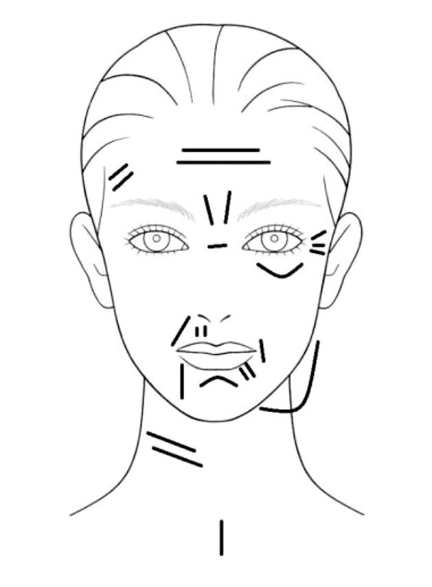 Skizze eines Gesichtes mit Strichen da wo Falten sein können