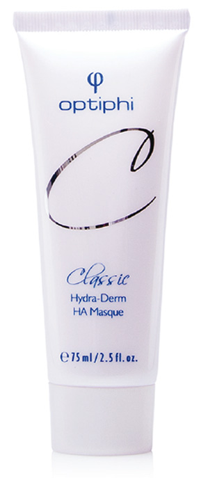Produktfoto: Weiße Tube mit blauer Aufschrift Hydra- Derm HA Masque. Feuchtigkeitsmaske mit Hyaluronsäure.