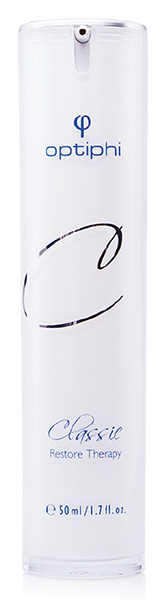 Produktfoto: weiße Pumpflasche mit blauer Aufschrift Restore Therapie. Feuchtigkeitsspendende Nachtcreme